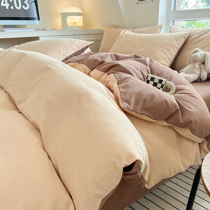 91家纺网 家纺一手货源 找家纺 米粒  2024新款纯色简约双拼磨毛四件套 咖+奶咖