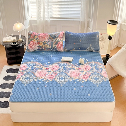 91家纺网 家纺一手货源 找家纺 福来临 2025新款印花凉感丝含胶凉席夏被三件套四件套 含胶凉席-盛世花开