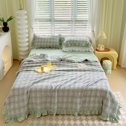 91家纺网 家纺一手货源 找家纺 美宜家 2025新款水洗棉麻印花夏被四件套 绿格