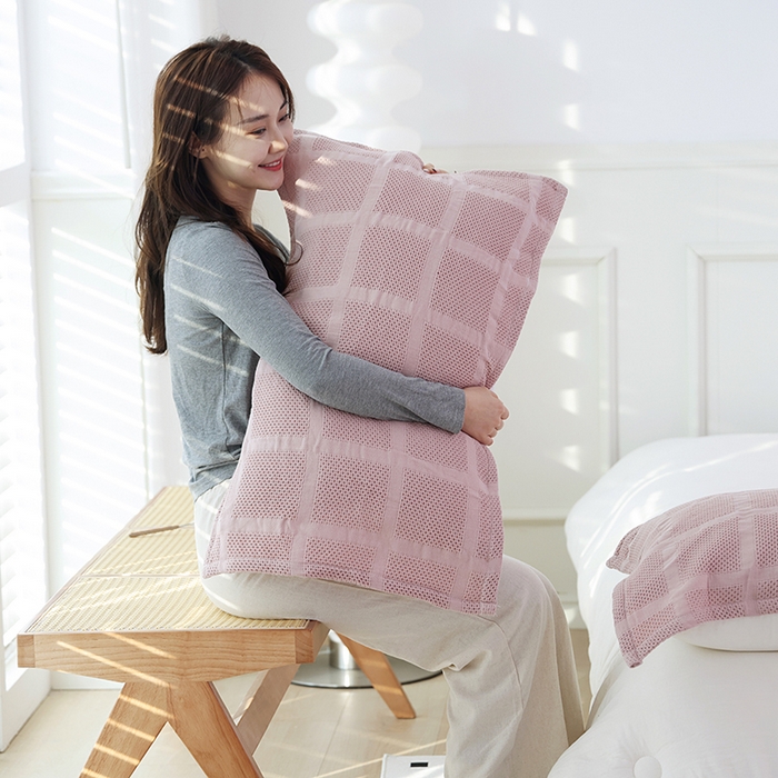 91家纺网 家纺一手货源 找家纺 朴尔毛巾被2024年新品全棉质朴方格风立体华夫格透气纱布枕巾 方格华夫格-粉枕巾50*80cm