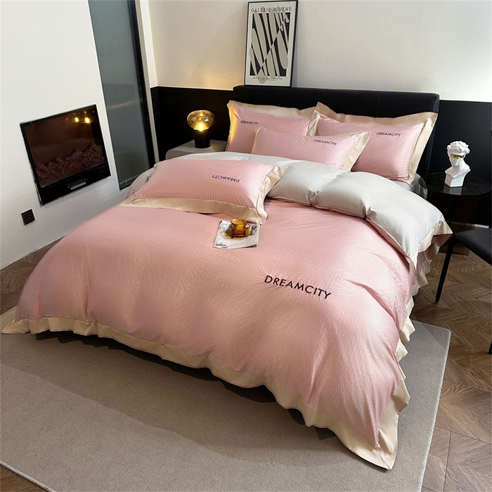 91家纺网 家纺一手货源 找家纺 古吉梦 2024新款水洗真丝提花四件套--迪梦  豆沙+山灰