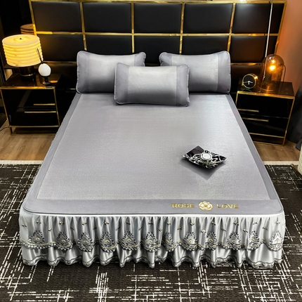 91家纺网 家纺一手货源 找家纺 全季家居2024新款A类纯色加厚加密花边床裙款冰藤席 床裙款-高级灰