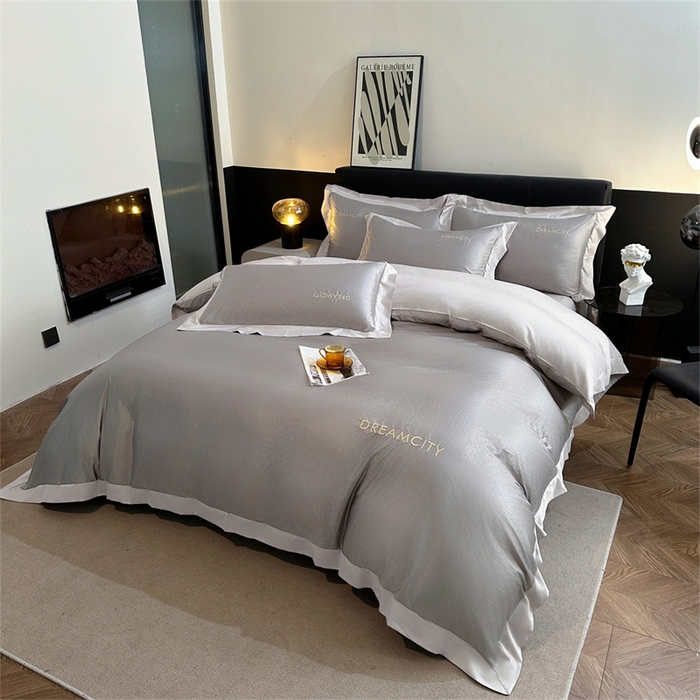 91家纺网 家纺一手货源 找家纺 古吉梦 2024新款水洗真丝提花四件套--迪梦  中灰+山灰