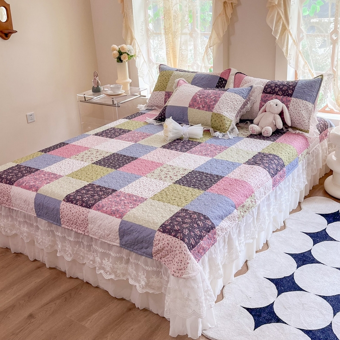 91家纺网 家纺一手货源 找家纺 添越 2024新款雪纺蕾丝款纯棉床盖四件套-百福格