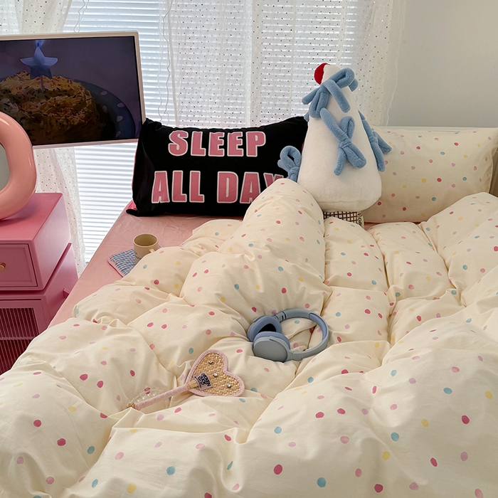 91家纺网 家纺一手货源 找家纺 昔可家纺 2024新款创意枕套全棉波点印花四件套 彩色点点