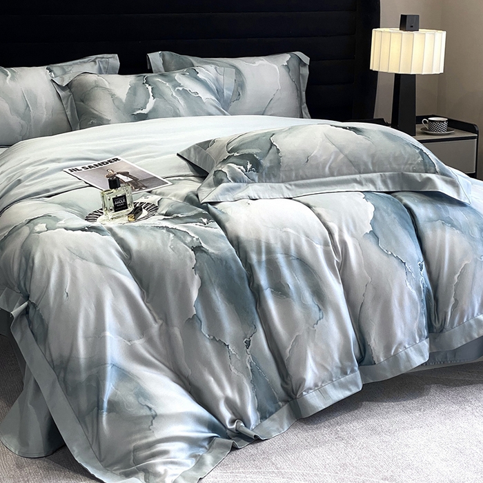 91家纺网 家纺一手货源 找家纺 优悦生活馆 2024新款轻奢天丝印花宽边拼角四件套系列-漫漫格调 漫漫格调-绿