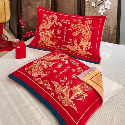 美宜家 2025新款龙年全棉国潮大红多层纱布枕巾情侣婚庆枕巾52*78一对装 龙凤呈祥一只