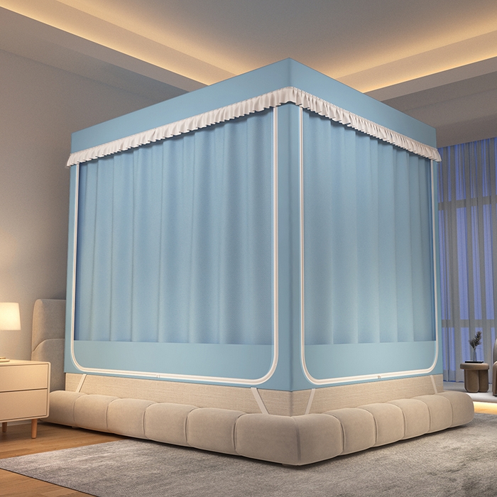 91家纺网 家纺一手货源 找家纺 世婕 2025新款坐床式防摔遮光蚊帐（免拼接烤漆支架）纯色帘子天空蓝