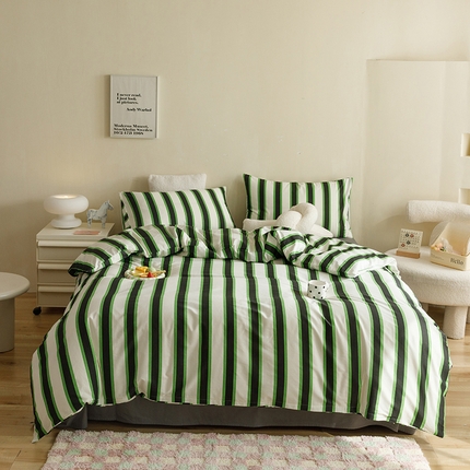 网客家纺 2024新款全棉条纹印花四件套 跳跃-墨绿