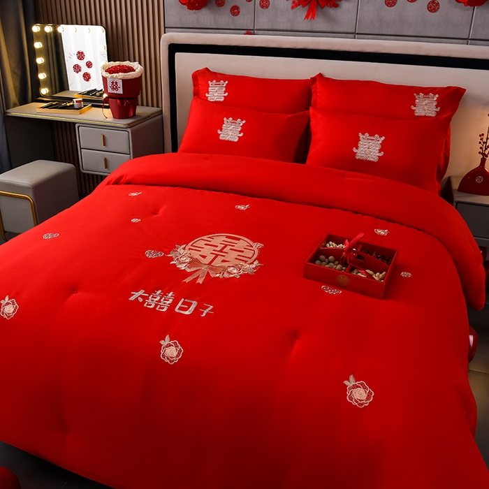 91家纺网 家纺一手货源 找家纺 美伦美 2024新款全棉婚庆刺绣手工订花被芯冬被春秋冬被夏被  大喜日子