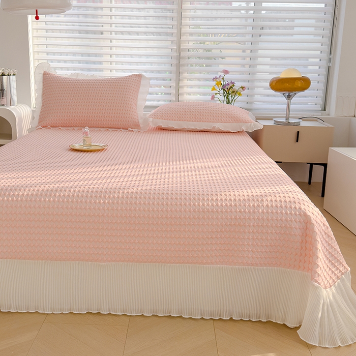 91家纺网 家纺一手货源 找家纺 冬然家纺 2024新款素色花边系列冰豆豆凉席  樱花粉