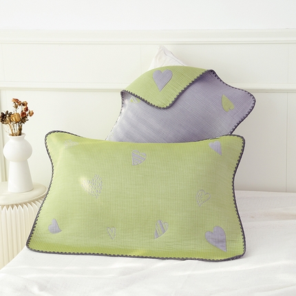 91家纺网 家纺一手货源 找家纺 朴尔毛巾被2024年新品柔绵绵风贝壳针复合工艺六层纱布枕巾 心叶-绿枕巾52*78cm