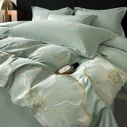 91家纺网 家纺一手货源 找家纺 你好美丽 2025新款水洗真丝刺绣绮梦四件套 绮梦绿