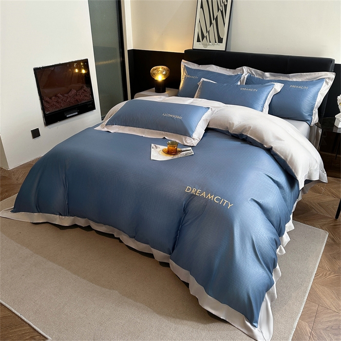 91家纺网 家纺一手货源 找家纺 古吉梦 2024新款水洗真丝提花四件套--迪梦  宾利蓝+山灰