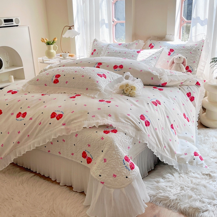 91家纺网 家纺一手货源 找家纺 添越 2024小清新韩版蕾丝花边纯棉夹棉床盖三件套全棉-蝴蝶结