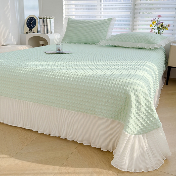 91家纺网 家纺一手货源 找家纺 冬然家纺 2024新款素色花边系列冰豆豆凉席  抹茶绿