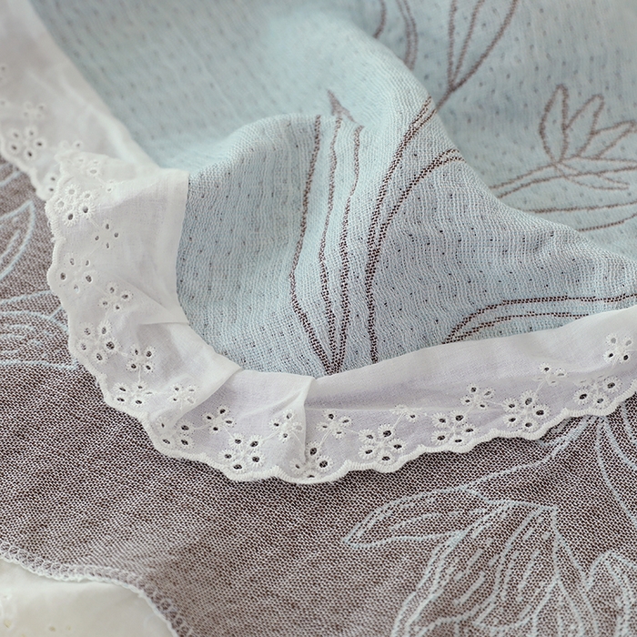 91家纺网 家纺一手货源 找家纺 朴尔毛巾被2024年新款韩式花边四层纱枕巾纯棉竹纤维加大成人纱布巾 怒放-蓝52*78cm