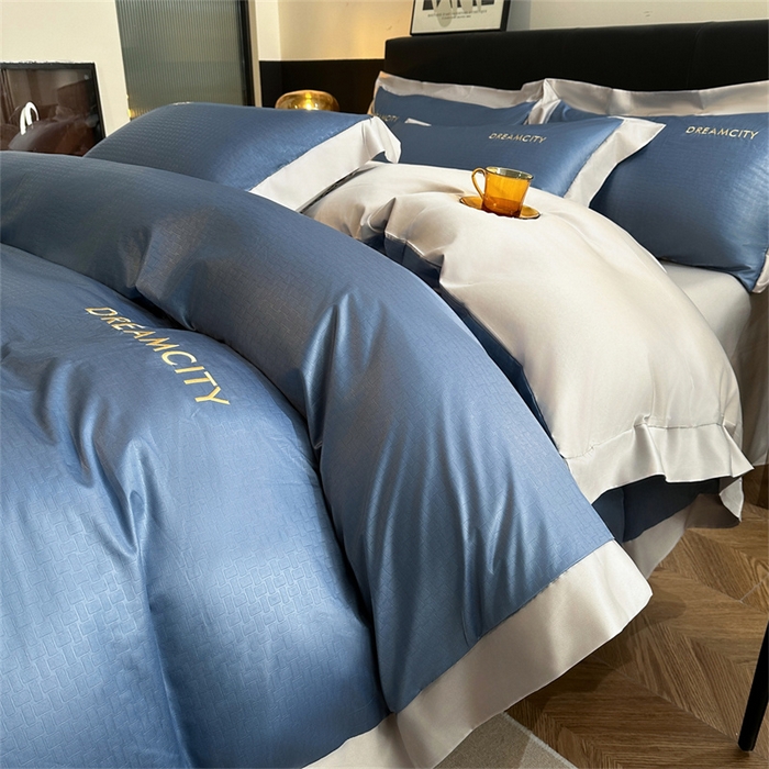 91家纺网 家纺一手货源 找家纺 古吉梦 2024新款水洗真丝提花四件套--迪梦  宾利蓝+山灰