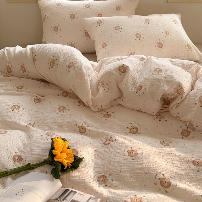 91家纺网 家纺一手货源 找家纺 洋铭区（原狠狠爱）  2024新款皱皱纱四件套 斑点熊