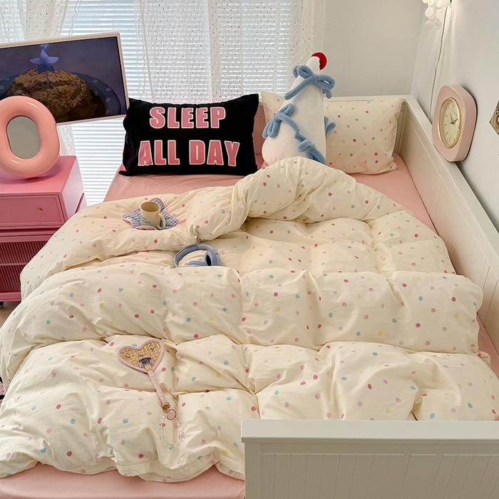 91家纺网 家纺一手货源 找家纺 昔可家纺 2024新款创意枕套全棉波点印花四件套 彩色点点