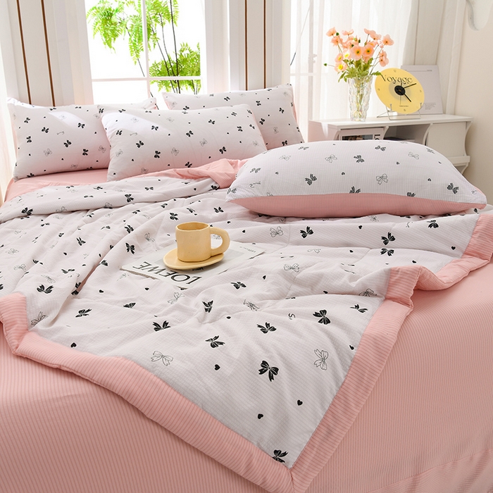 91家纺网 家纺一手货源 找家纺  盈超2024新款A类有氧提花泡泡纱床裙夏被四件套 蝴蝶结