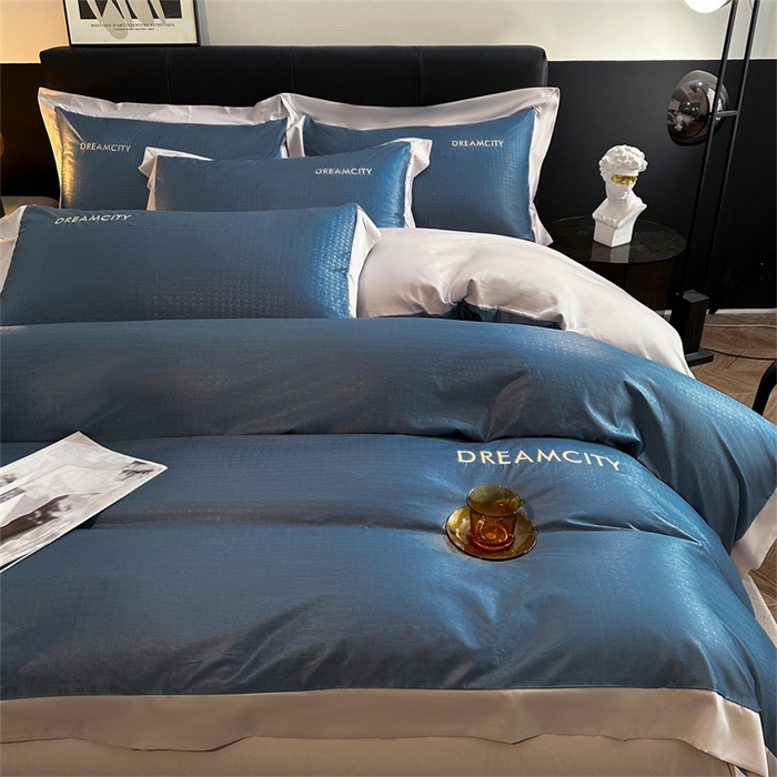 91家纺网 家纺一手货源 找家纺 古吉梦 2024新款水洗真丝提花四件套--迪梦  星空蓝+山灰