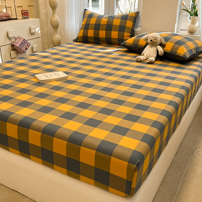 91家纺网 家纺一手货源 找家纺 蓝邻 2024新款全棉无印风全棉色织水洗棉单品床笠 格森橘中格