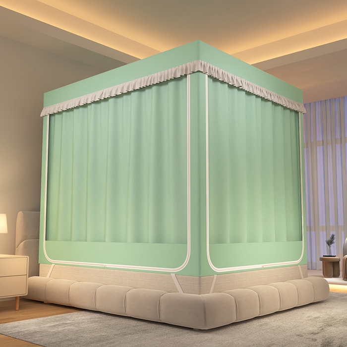 91家纺网 家纺一手货源 找家纺 世婕 2025新款坐床式防摔遮光蚊帐（免拼接烤漆支架）纯色帘子绿色