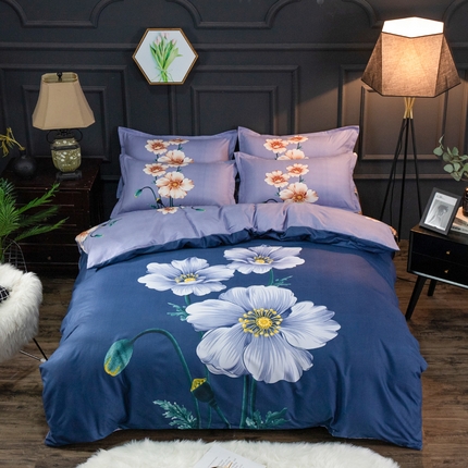 91家纺网 家纺一手货源 找家纺 美宜家 2025新款磨毛大版印花四件套 花之语-蓝