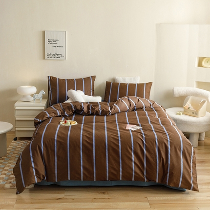 网客家纺 2024新款全棉条纹印花四件套 条纹咖