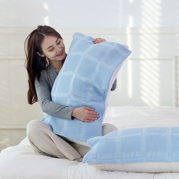 91家纺网 家纺一手货源 找家纺 朴尔毛巾被2024年新品全棉质朴方格风立体华夫格透气纱布枕巾 方格华夫格-浅蓝枕巾50*80cm