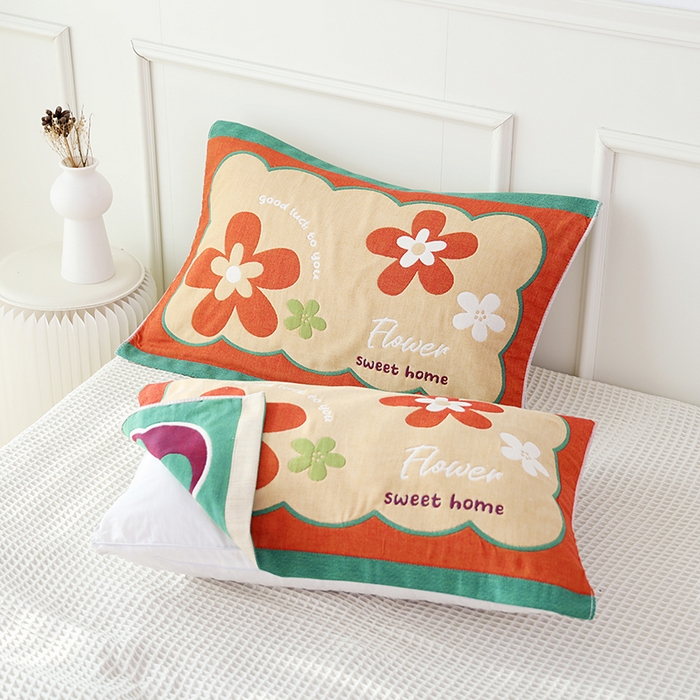 91家纺网 家纺一手货源 找家纺 朴尔毛巾被2024年全棉加厚八层纱布大版花枕巾 甜蜜绽放52*78cm