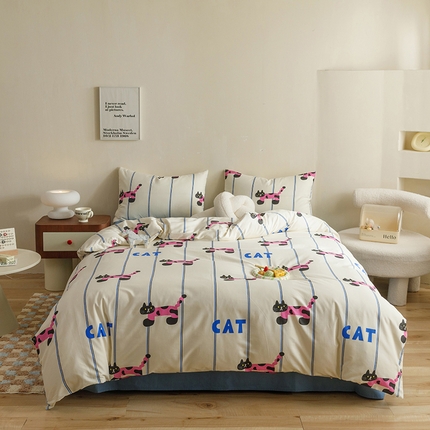 网客家纺 2024新款全棉条纹印花四件套 奶糕