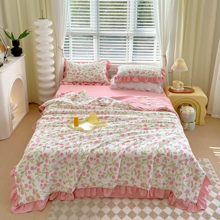 91家纺网 家纺一手货源 找家纺 美宜家 2025新款水洗棉麻印花夏被四件套 甜果樱桃