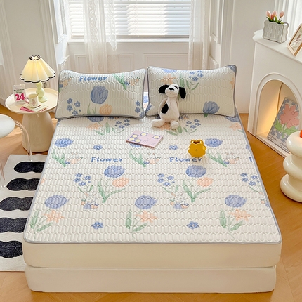 91家纺网 家纺一手货源 找家纺 福来临 2025新款印花凉感丝含胶凉席夏被三件套四件套 含胶凉席-郁金香