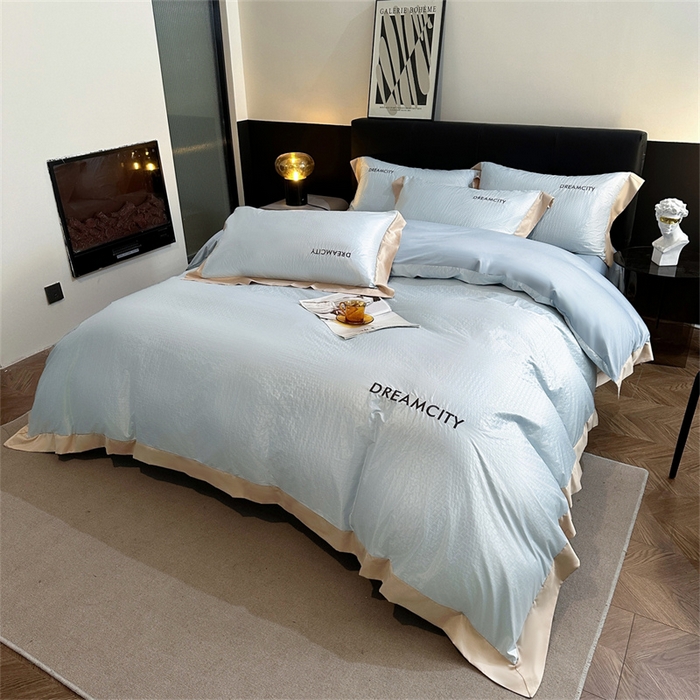 91家纺网 家纺一手货源 找家纺 古吉梦 2024新款水洗真丝提花四件套--迪梦  天空蓝+海青