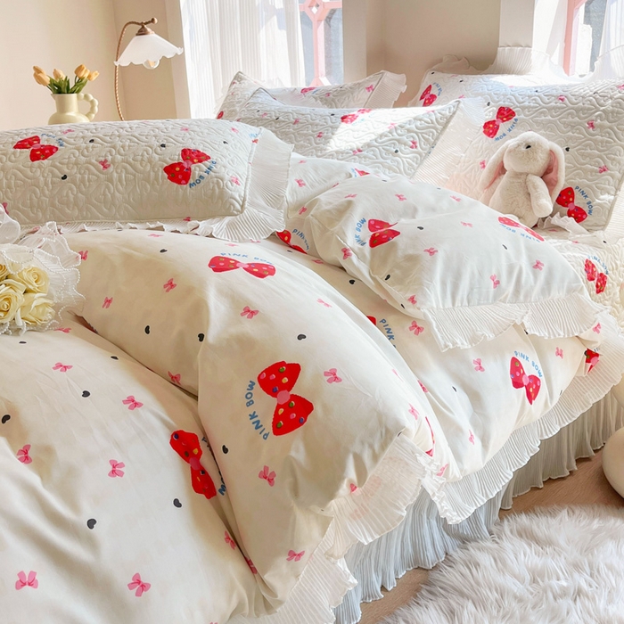 91家纺网 家纺一手货源 找家纺 添越 2024小清新韩版蕾丝花边纯棉夹棉床盖三件套全棉-蝴蝶结