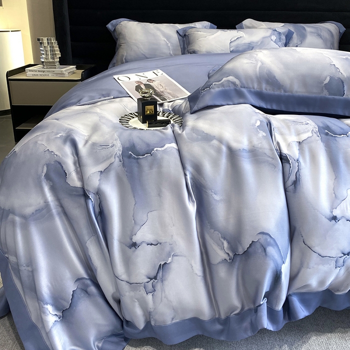 91家纺网 家纺一手货源 找家纺 优悦生活馆 2024新款轻奢天丝印花宽边拼角四件套系列-漫漫格调 漫漫格调-蓝