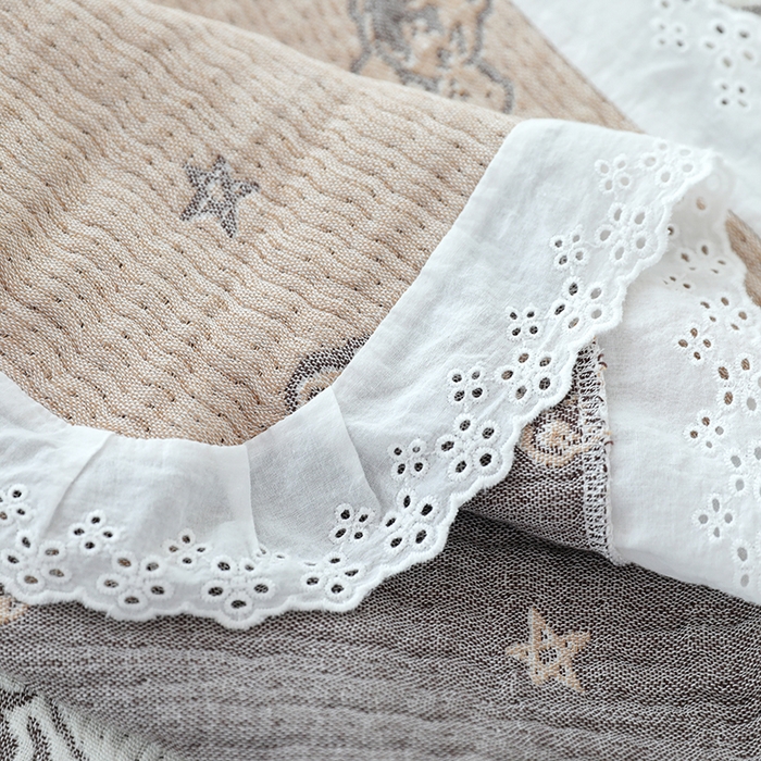 91家纺网 家纺一手货源 找家纺 朴尔毛巾被2024年新款韩式花边四层纱枕巾纯棉竹纤维加大成人纱布巾 玩具熊-咖52*78cm