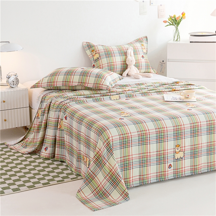 91家纺网 家纺一手货源 找家纺 金泰莱 2025新款印花竹纤维凉席三件套软凉席竹席盖毯子 欢乐羊-绿