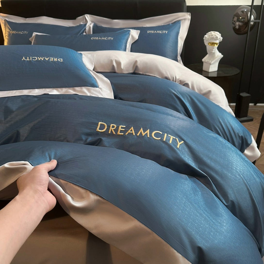 91家纺网 家纺一手货源 找家纺 古吉梦 2024新款水洗真丝提花四件套--迪梦  星空蓝+山灰