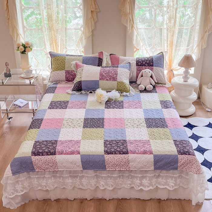 91家纺网 家纺一手货源 找家纺 添越 2024新款雪纺蕾丝款纯棉床盖四件套-百福格