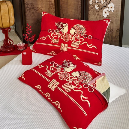 91家纺网 家纺一手货源 找家纺 美宜家 2025新款龙年全棉国潮大红多层纱布枕巾情侣婚庆枕巾52*78一对装 永结同心一对