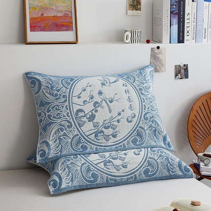 91家纺网 家纺一手货源 找家纺 美宜家 2025新款全棉四层纱布中国风枕巾 52*80cm/对好事连连-蓝