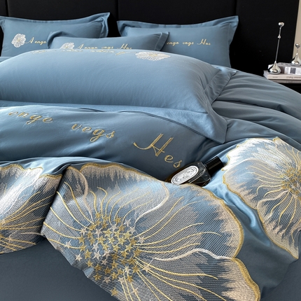 你好美丽 2025新款水洗真丝刺绣绮梦四件套 绮梦深蓝