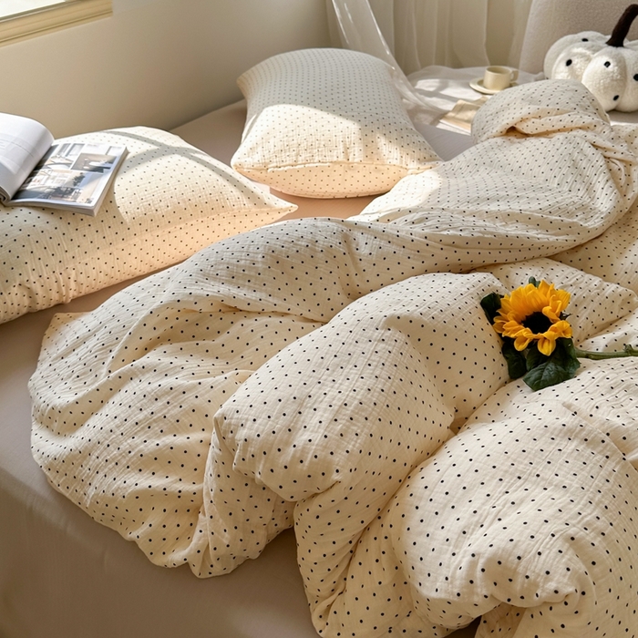 91家纺网 家纺一手货源 找家纺 洋铭区（原狠狠爱）  2024新款皱皱纱四件套 黑白波点