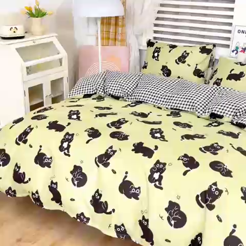 91家纺网 家纺一手货源 找家纺 莎臣豹 2025新款植物羊绒印花四件套 淘气小猫