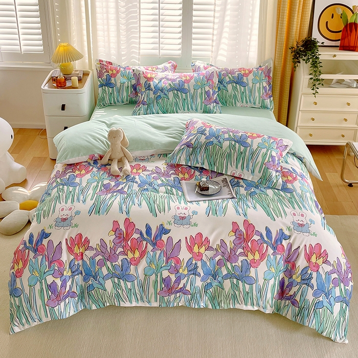 91家纺网 家纺一手货源 找家纺 美宜家 2025新款植物羊绒加厚斜纹磨毛单被套 花丛小兔