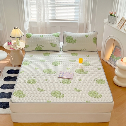 91家纺网 家纺一手货源 找家纺 福来临 2025新款印花凉感丝含胶凉席夏被三件套四件套 含胶凉席-青柠檬