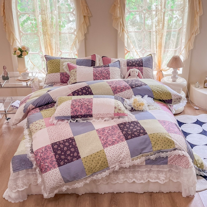 91家纺网 家纺一手货源 找家纺 添越 2024新款雪纺蕾丝款纯棉床盖四件套-百福格